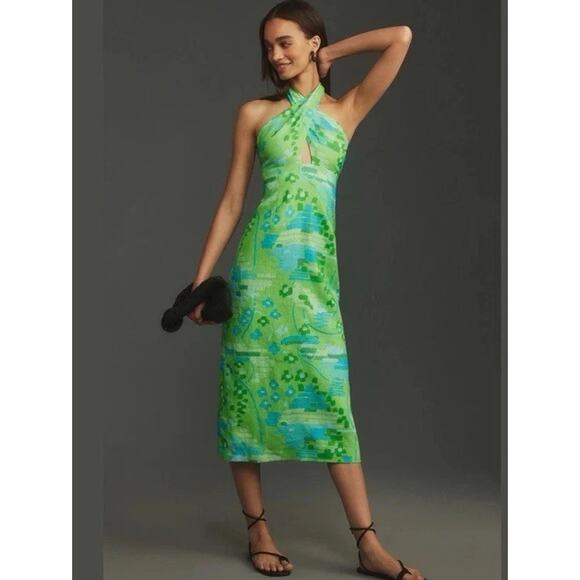 RHODE Paolo Linen Midi Dress Size 8 Retail $495 Tiki Hawaiian Inspired Wrap Neck - Picture 2 of 16